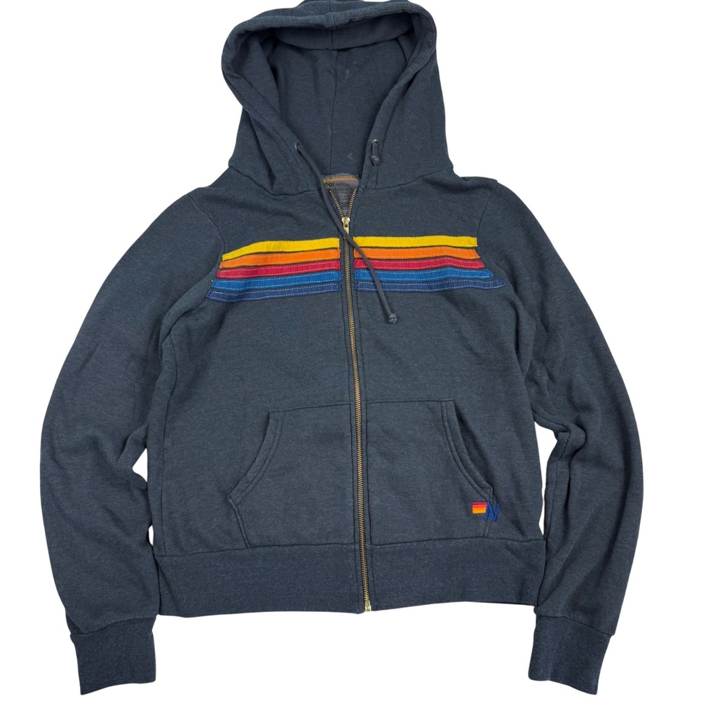 Aviator Nation 5 Stripe Rainbow Zip Up Hoodie Charcoal Grey Small